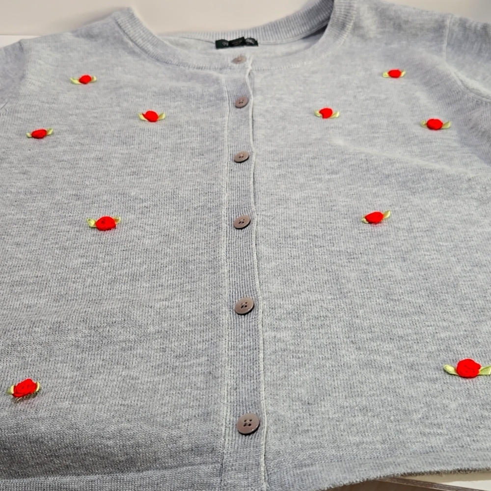 Gray Cardigan Sweater with Red Ribbon Rose Accents - Picture 12 of 13